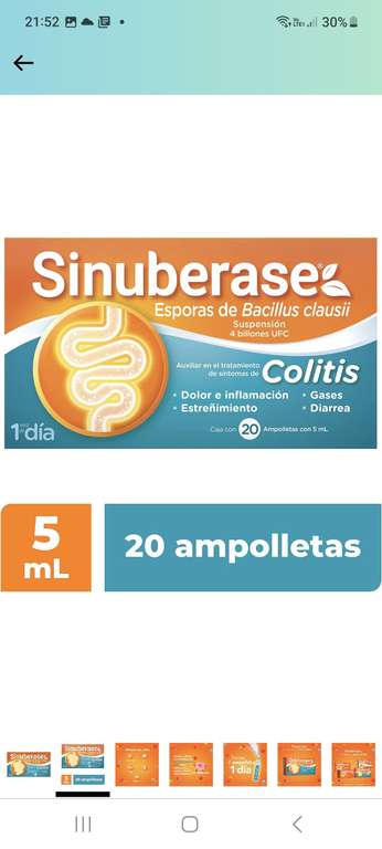 Amazon: SINUBERASE Sinuberase Colitis Probioticos En Suspensión 4 Billones, 20 Ampolletas, $297 con planea y ahorra