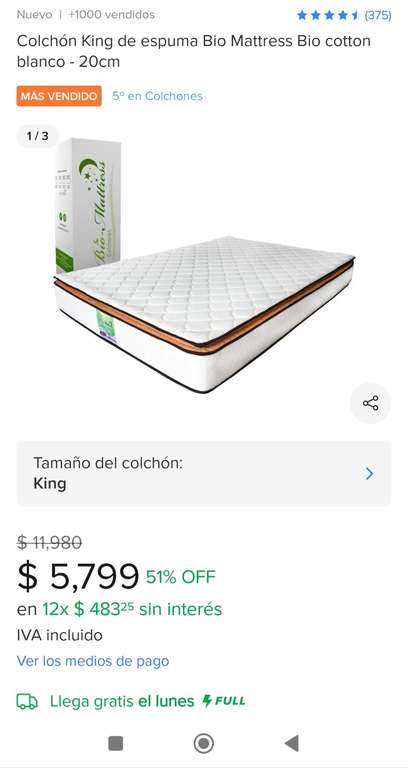 Mercado Libre: Colchón de espuma King size bio mattress