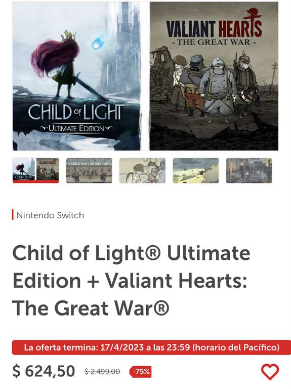 Nintendo eShop Argentina: Child of Light Ultimate Edition + Valiant Hearts: The Great War - Nintendo Switch (95$ con impuestos)
