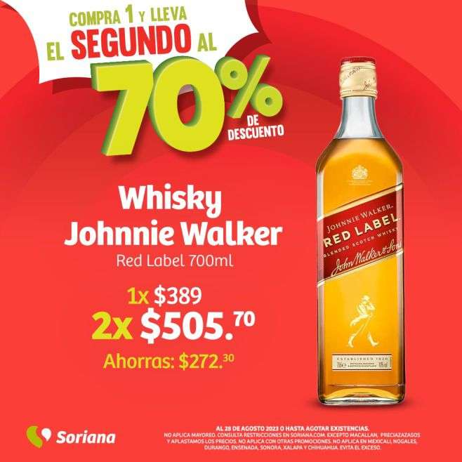 Soriana Híper y Mercado: Whisky Red label, Queso panela (light u original) Lala, Mayonesa McCormick, compra 1 y el segundo al 70% OFF
