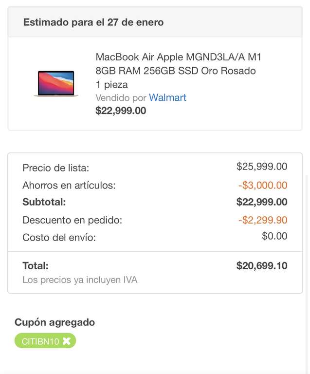 Walmart MacBook Air M1 256 gb en $20,699.1 con citibanamex
