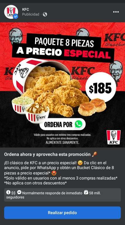 KFC: Paquete 8 piezas a precio especial por WhatsApp