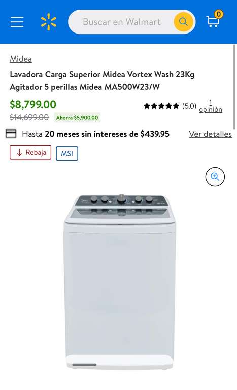 Walmart: Lavadora Carga Superior Midea Vortex Wash 23Kg Agitador 5 perillas Midea MA500W23/W
