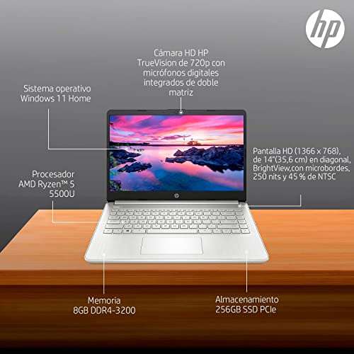 Amazon: HP Laptop 14-fq1011la, AMD Ryzen 5, 8GB RAM, 256GB SSD, HD 14", Windows 11 Home, Plata