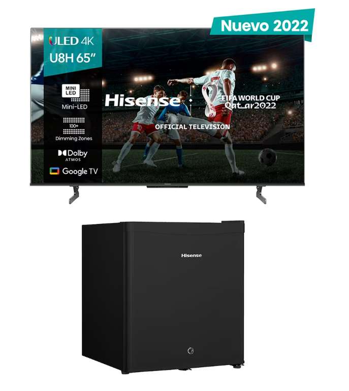 Liverpool: Combo Pantalla Hisense 65 pulgadas U8H ULED 4K Google TV | HDMI 2.1 | 120hz reales + Frigobar Hisense de regalo (Banorte Digital)