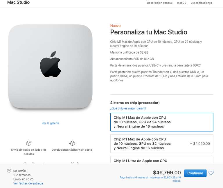 Apple Store: Mac Studio M1 Max de 10 núcleos con 32gb Ram