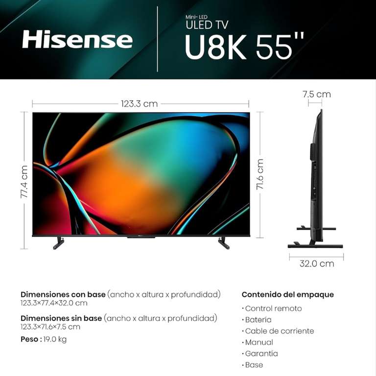 Amazon: HISENSE Pantalla Mini-LED 4K de 55" U8K Google TV (2023)