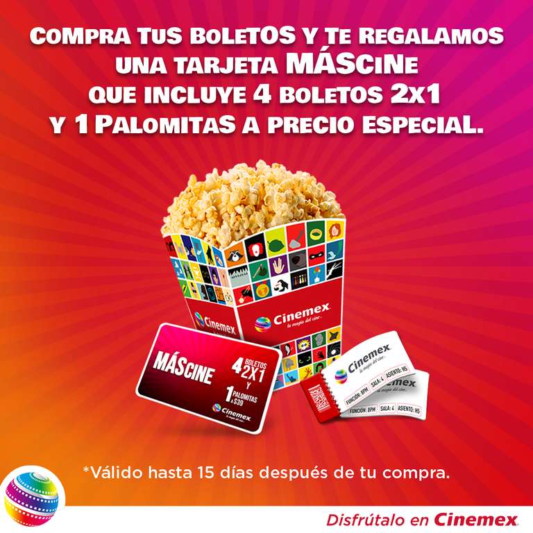 Cinemex: 4 entradas al 2x1 + 1 palomitas a $39 pesos
