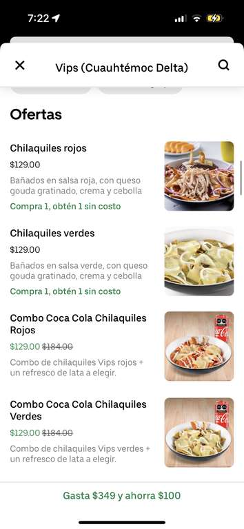 Uber Eats: En Vips, Chilaquiles 2x1 mas cupón de descuento. | miembros One