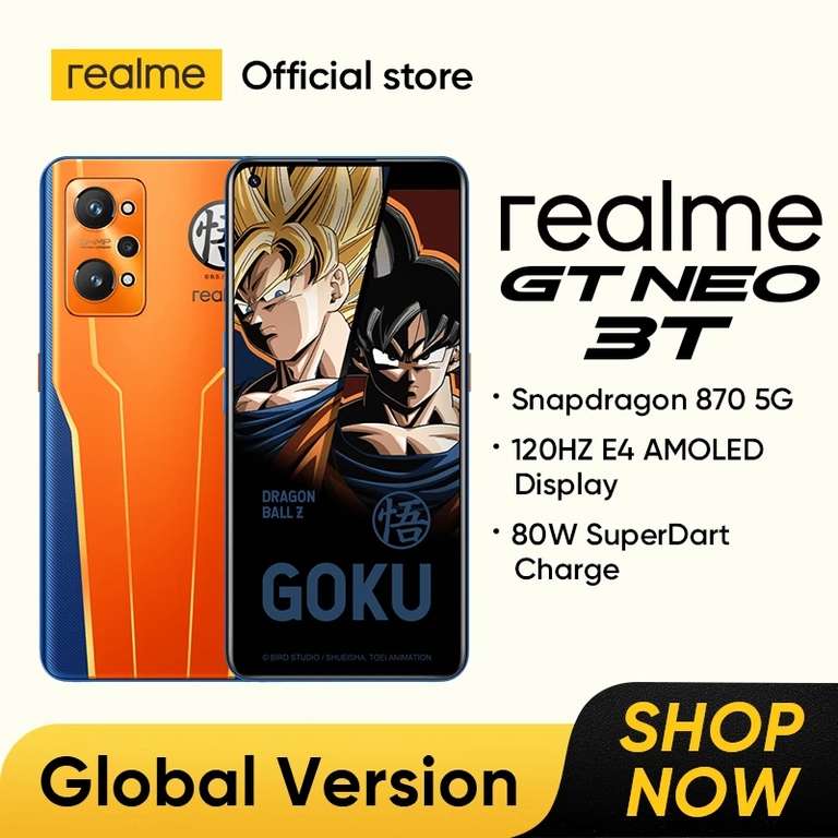 AliExpress: Realme GT NEO 3T Dragon Ball Z, Versión Global, 8GB, 256gb, Snapdragon 870, 5G, 120Hz (con Mercado Pago)