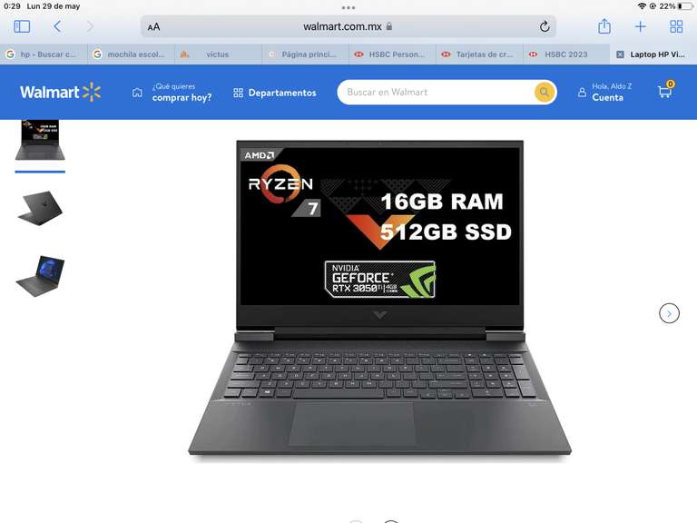 Walmart | Laptop HP victus ryzen 7, Rtx 3050, 16 Gb RAM, 512 ssd (HSBC 14,800. BBVA 15,999)