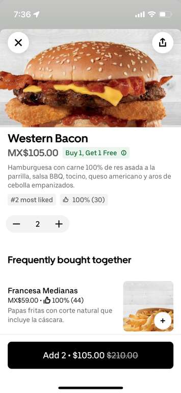 Western bacon 2x1 (Mazatlán) por Uber Eats en Carl's Jr