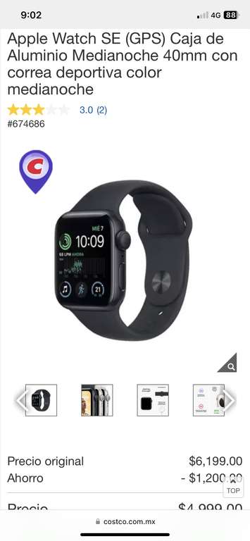 Costco: Apple Watch SE (GPS) 2da GEN Caja de Aluminio Medianoche 40mm con correa deportiva color medianoche