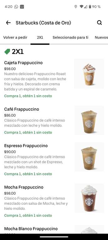 Starbucks Veracruz 2x1 Frapuchinos seleccionados en Uber Eats