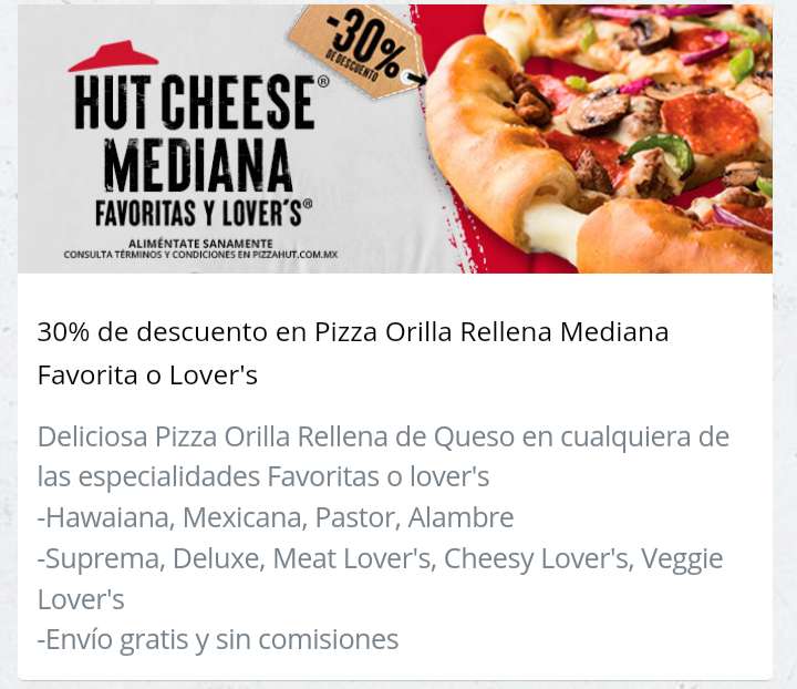 Pizza Hut: 30% en Pizza Orilla Rellena de Queso Mediana | Pidiendo en línea