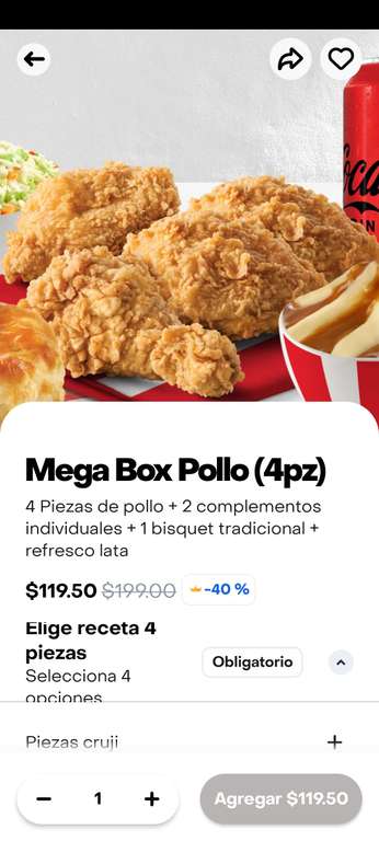 Rappi: Ofertas pro en KFC Paquete 10 pzas de pollo Más 2 complementos familiares y 4 bisquets