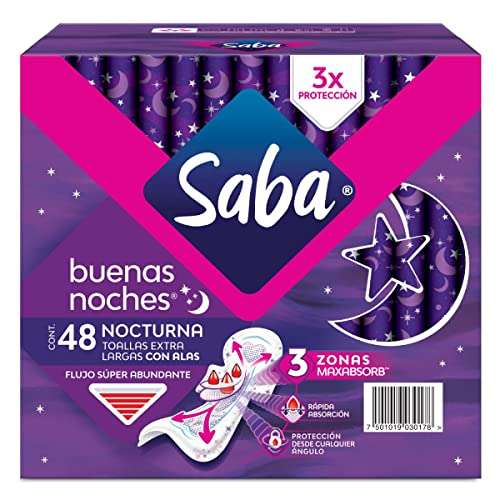 Amazon: Saba Buenas Noches Con Alas; Toallas Femeninas Nocturnas Xl, Flujo Súper Abundante; 48 Toallas
