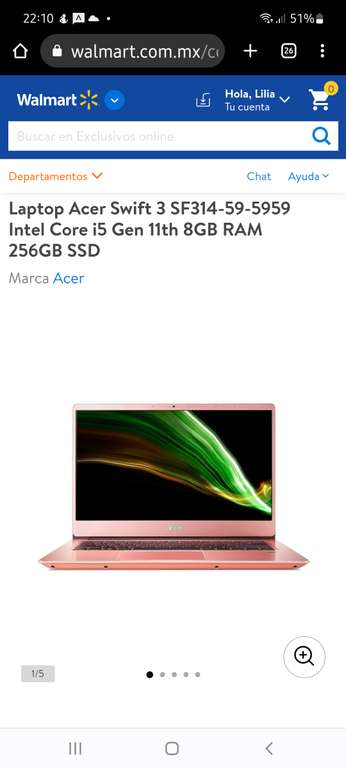 Walmart: Laptop Acer Swift 3 Intel Core i5 Gen 11th 8GB RAM 256GB SSD | Pagando a 18 msi con BBVA