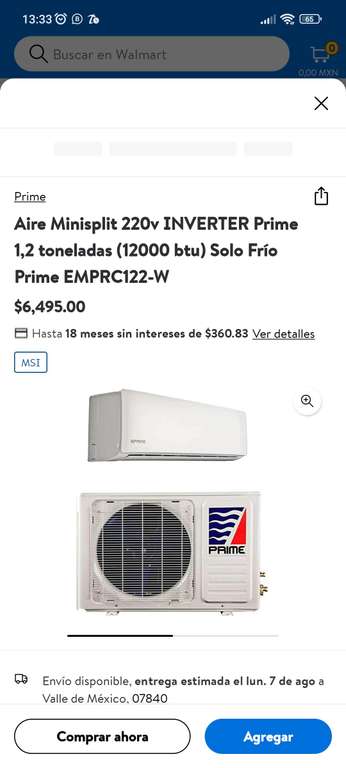 Walmart: Minisplit Prime 220v INVERTER 1,2 toneladas (12000 btu) Solo Frío EMPRC122-W | Precio pagando con Cashi