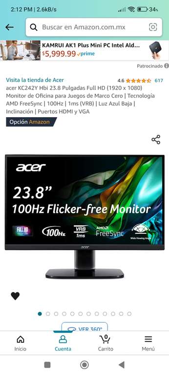Amazon: Monitor ACER 100Hz 23.8 in Panel VA | Precio antes de pagar
