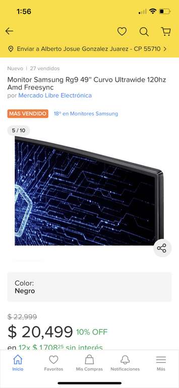 Mercado Libre: Monitor Samsung Rg9 49'' Curvo Ultrawide 120hz Amd Freesync