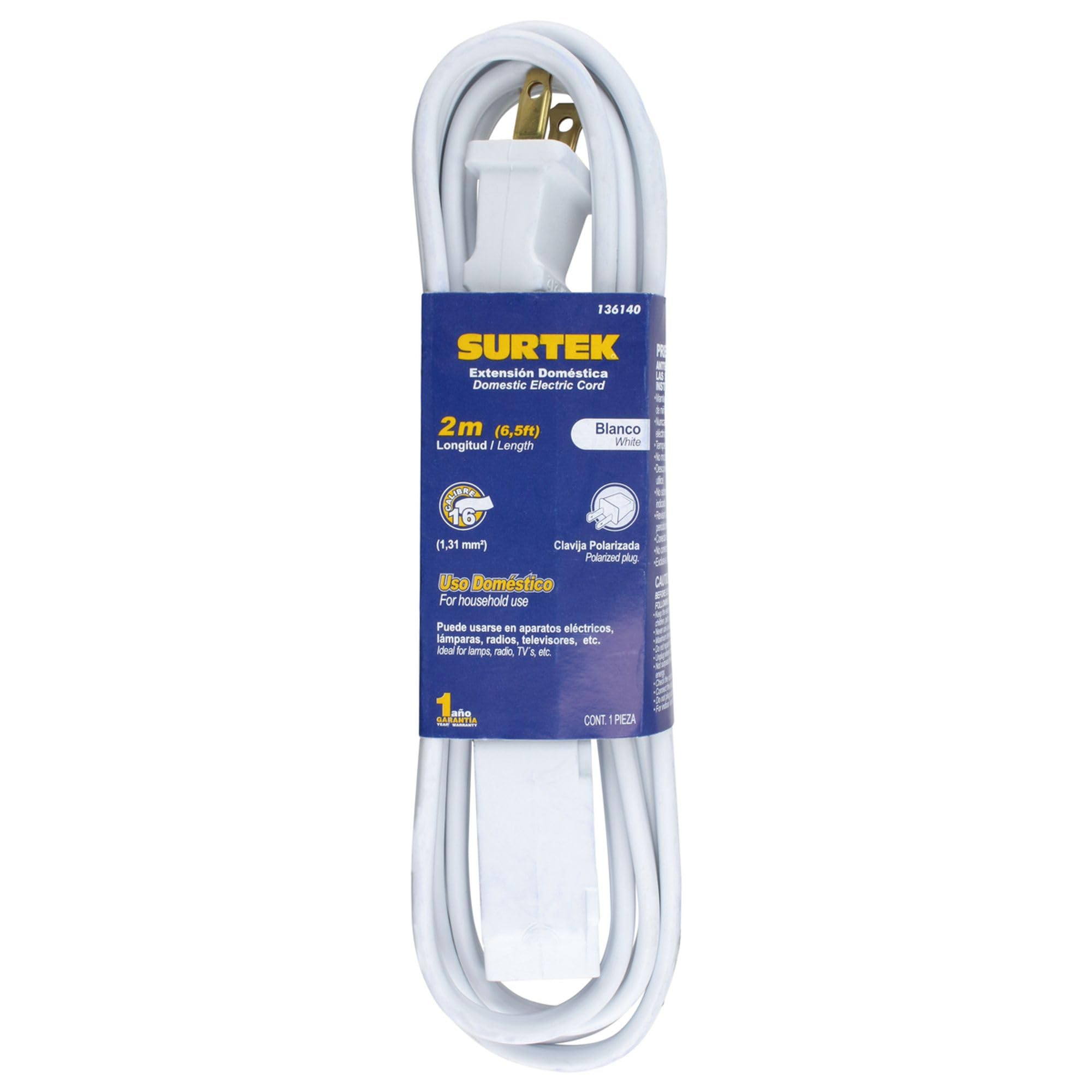 AMAZON: Surtek 136140 Extensión eléctrica doméstica Color Blanco, 2 m