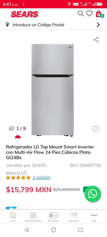 SEARS: Refrigerador LG Top Mount 24pies