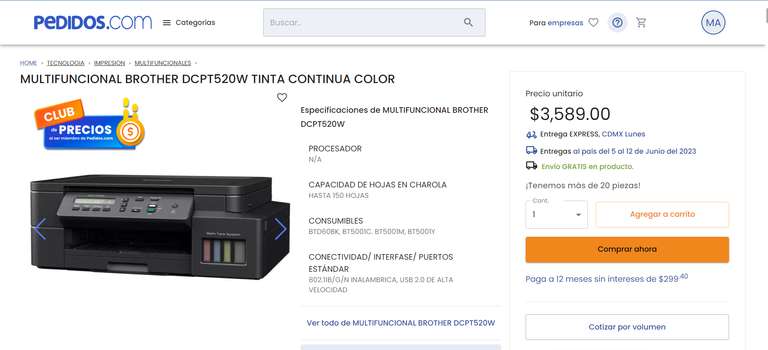 Pedidos.com: Impresora Multifuncional Brother DCPT520W Tinta Continua $3589 o $3050.65 a 18 MSI con HSBC y Paypal