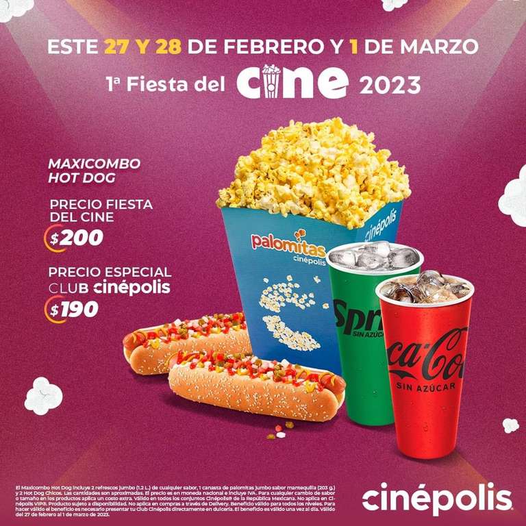 Fiesta del Cine en Cinépolis: Combo palomitas jumbo + 2 refrescos + 2 hot dogs por $190