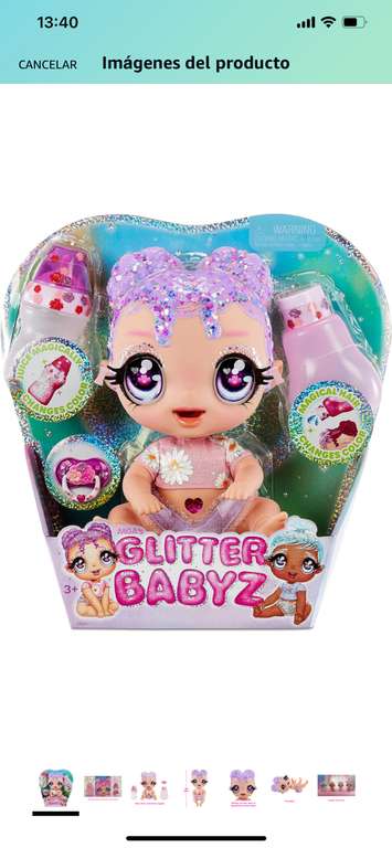 Amazon: Glitter Babyz Lila Wildboom Muñeca con 3 cambios de color mágicos, cabello morado y ropa con flores.
