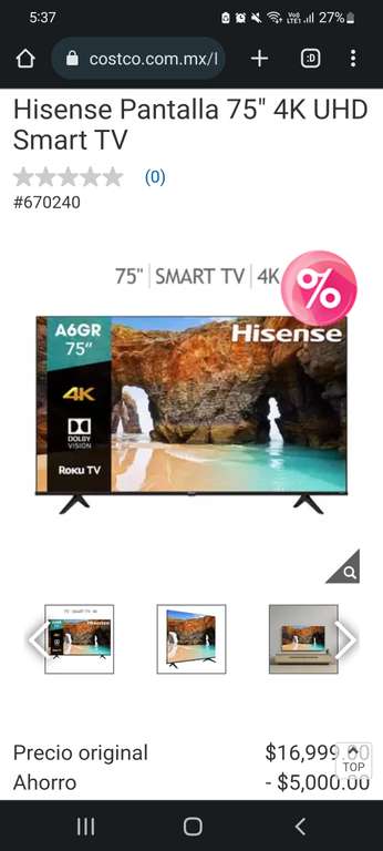 Costco: Hisense Pantalla 75" 4K UHD Smart TV