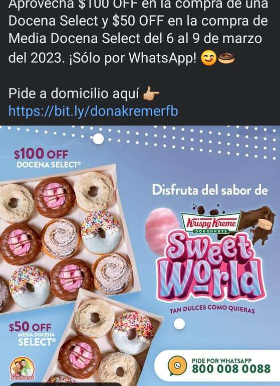 Krispy Kreme: $100 OFF en compra de docena select o $50 OFF en compra de media docena select (Solo por WhatsApp)