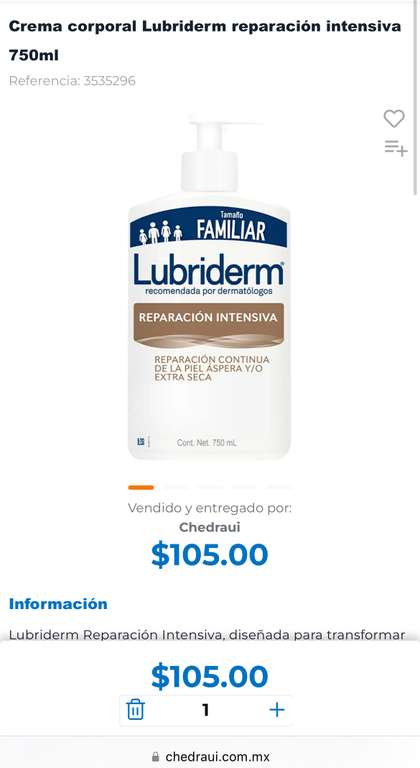 Chedraui : LUBRIDERM Crema Corporal Reparacion Intensiva 750 ml Tamaño Familiar