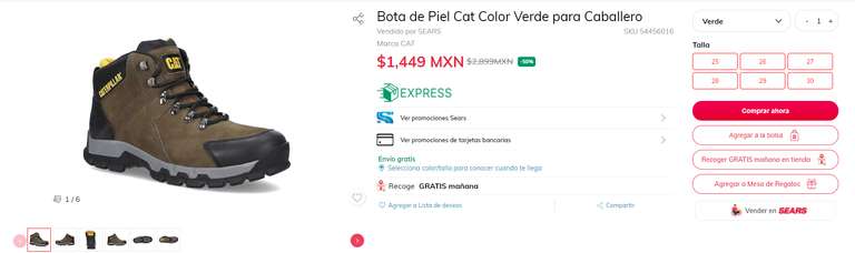SEARS: Bota de Piel Cat Color Verde para Caballero de $2,899 a $1.449