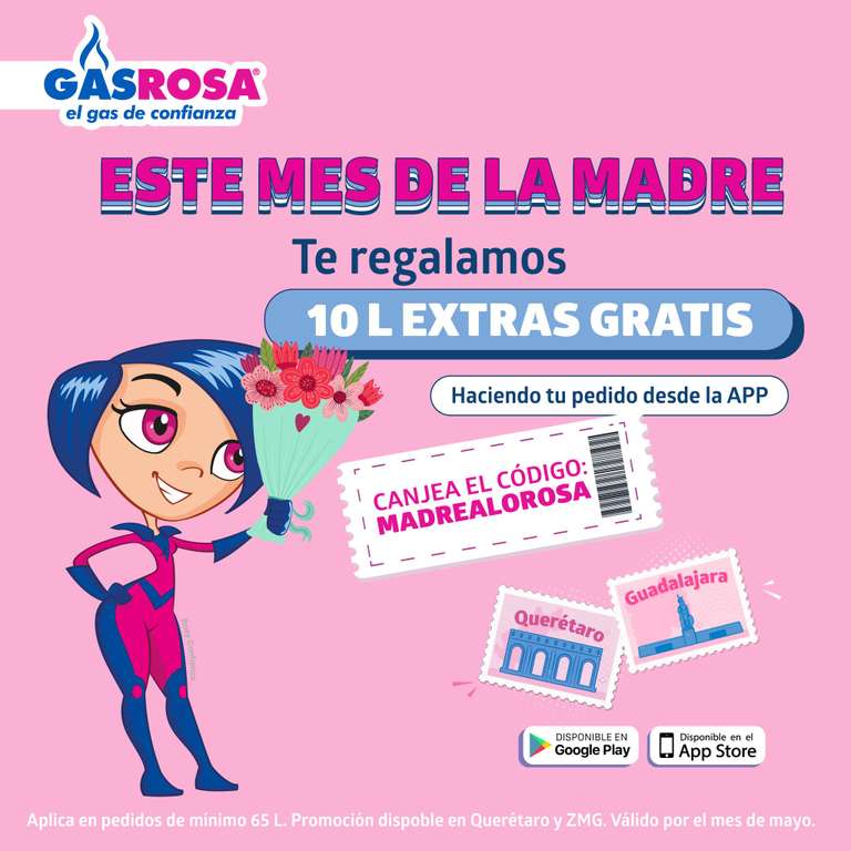 10 litros GRATIS de Gas Rosa en recargas de 65 lts para Guadalajara y Querétaro (desde la app)