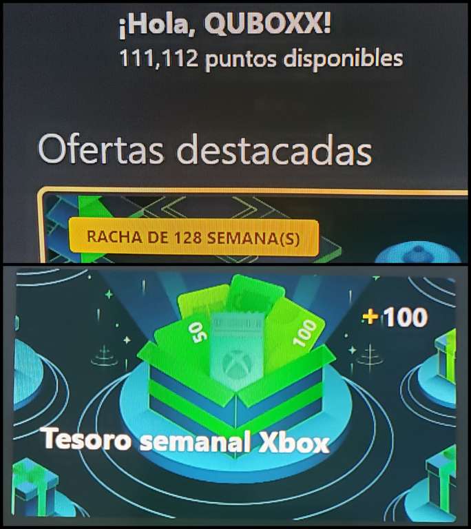 Xbox Microsoft Rewards; Tesoro Semanal Desde tu xbox, entras en la app de Rewards y donde dice: +100 y listo. (cheeky)