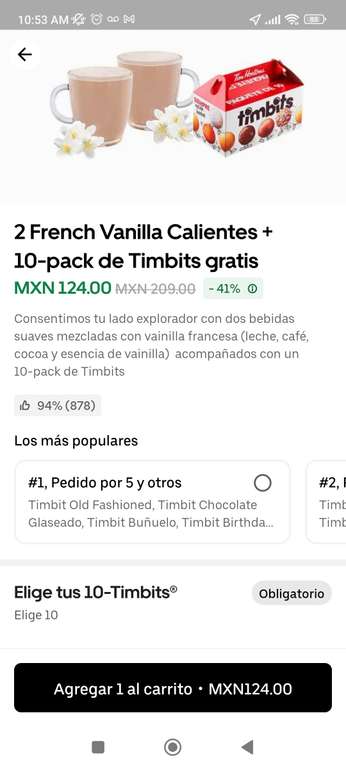Uber eats: 2 French Vanilla + pack Timbits gratis en Tim Hortons