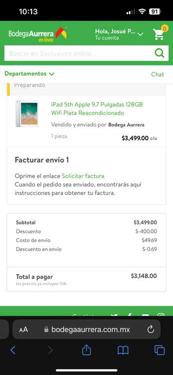 Bodega Aurrera: iPad 5th 128GB Wifi Plata Reacondicionado ($3085 pagando con Cashi)
