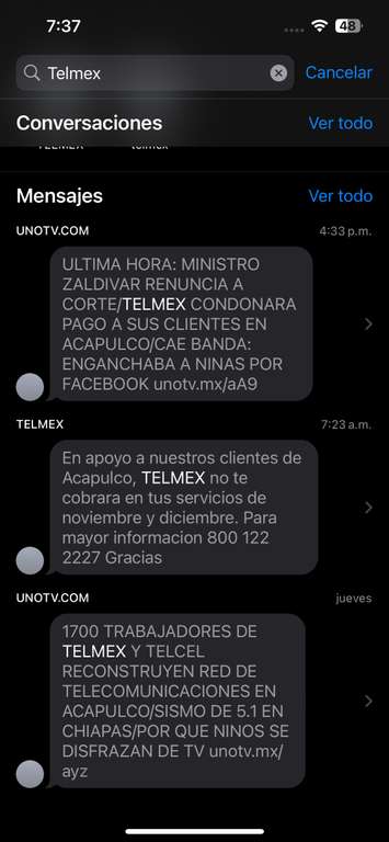 Telmex: no cobrará servicios en noviembre y diciembre en Acapulco