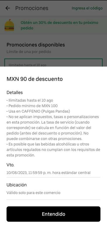 Uber Eats: Caffenio Aguascalientes; $90 de descuento en compra de $100.