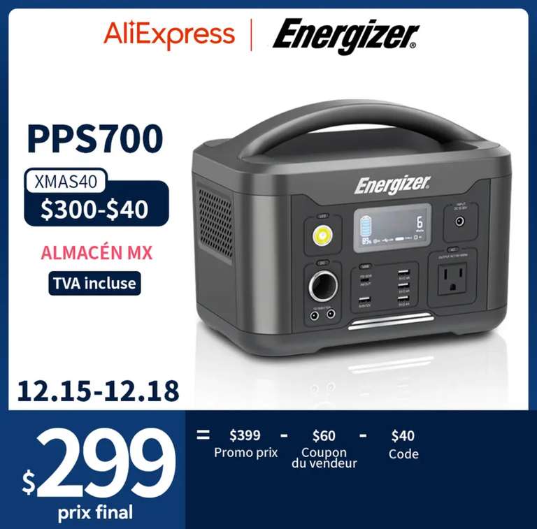 AliExpress: Energizer POWERWIN-estación de energía portátil PPS700, 626Wh/600W, generador Solar, PD60W, 4 salidas USB