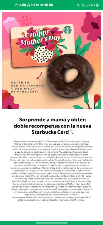 Starbucks día de las madres: Activa Happy Mothers Day Card con $200 o más para obtener un café y pan gratis