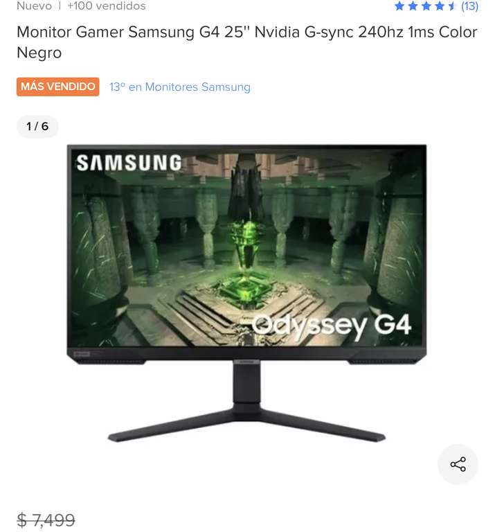 Mercado Libre: Monitor Gamer Samsung G4 25" Nvidia G-sync 240hz 1ms Color Negro