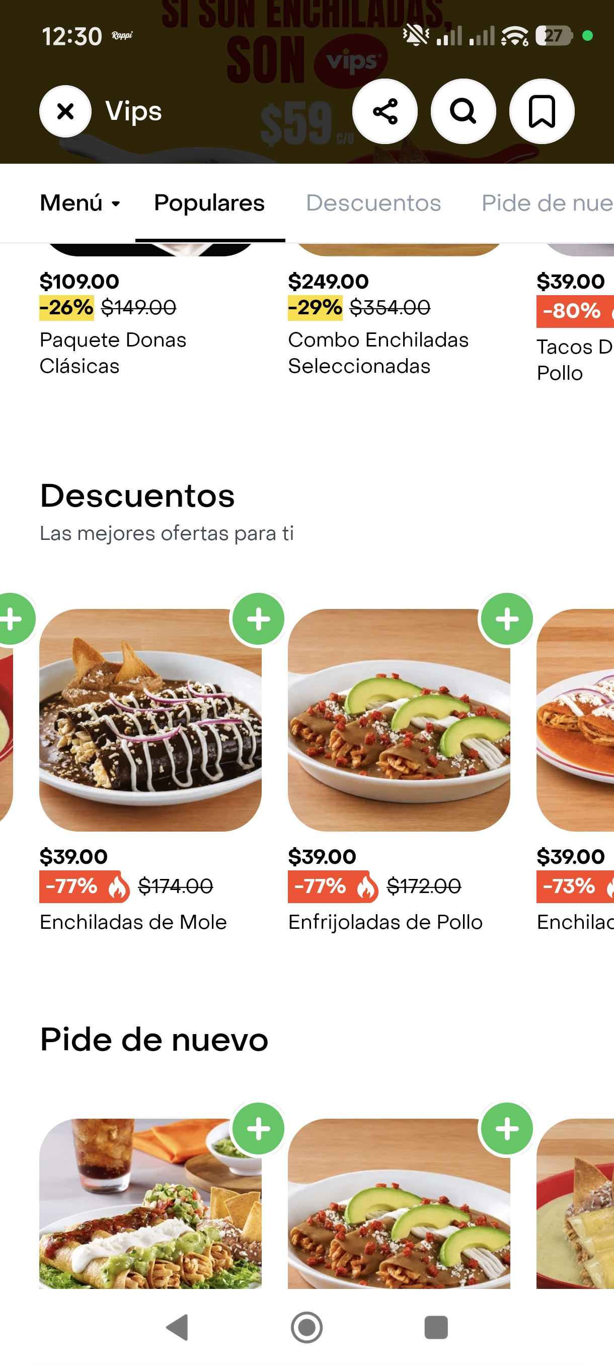 Rappi VIPS enchiladas y enfrijoladas en $39