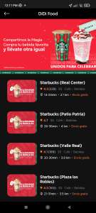 DiDi Food: 2x1 en Starbucks de 3 a 5 pm + envío gratis