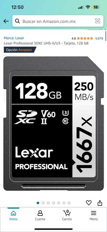 Amazon: Memoria SD lexar de 128gb1667X R250MB/s W160MB/s
