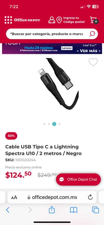 Office Depot: Cable USB Tipo C a Lightning Spectra U10 / 2 metros / Negro