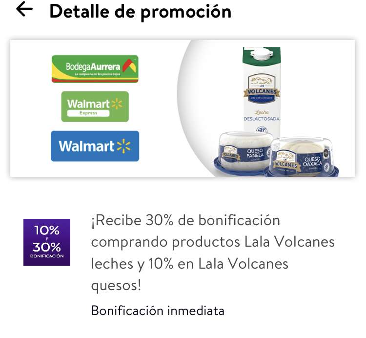 Cashi: 30% de bonificación inmediata comprando productos participantes de Lala Volcanes leches y 10% en Lala Volcanes quesos