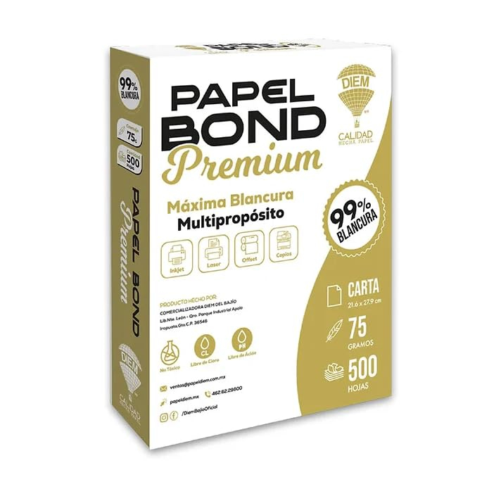 Amazon: Papel Bond Premium Carta, Máxima Blancura 99%, 75g,