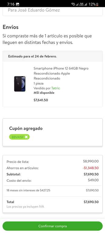 Bodega Aurrerá: Apple iPhone 12 Negro 64 gb Reacondicionado a 18 MSI con BBVA